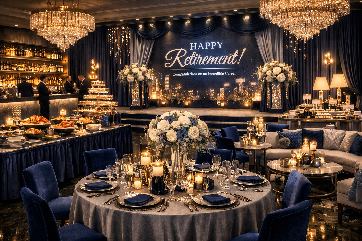 Elegant retirement celebration with navy and gold décor