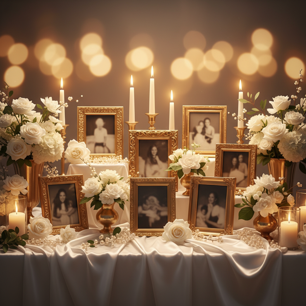 Elegant memorial tribute display with white roses, gold frames and candlelight